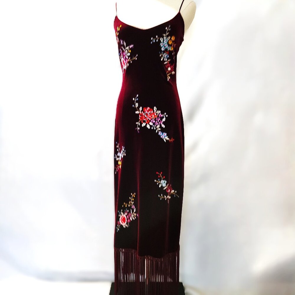 Rare 1990's Vintage Betsey Johnson Embroidered Velvet Evening Dress - Size 6